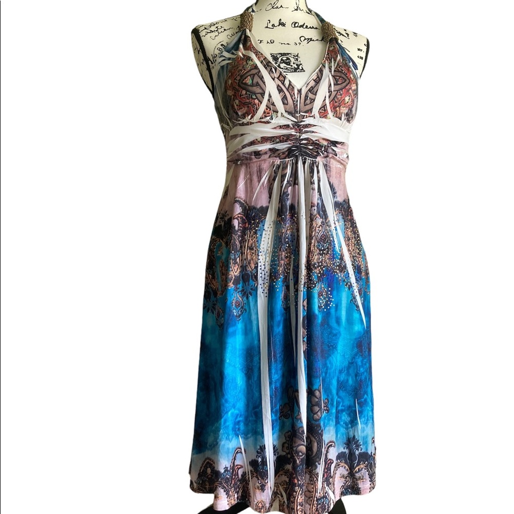 Cristinalove halter short dress, tunic, beach white and blue, SZ L,